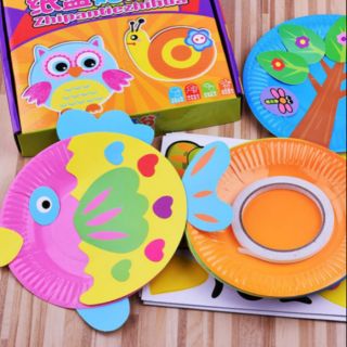 Dĩa giấy màu thủ công trang trí 10 cái có kèm hình dán