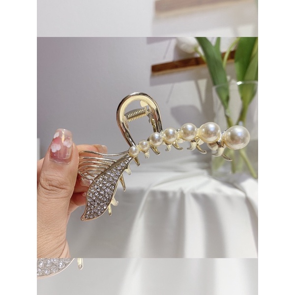 Kẹp tóc đuôi cá bằng kim loại Hàn Quốc cho nữ, kẹp tóc sau đầu đính đá đính ngọc