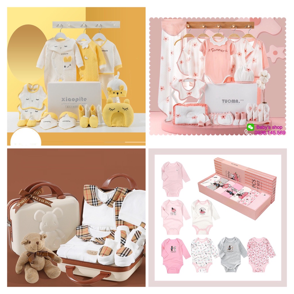 Hộp hoặc giỏ quà siêu đẹp bao gồm set đồ sơ sinh làm quà tặng cho bé.