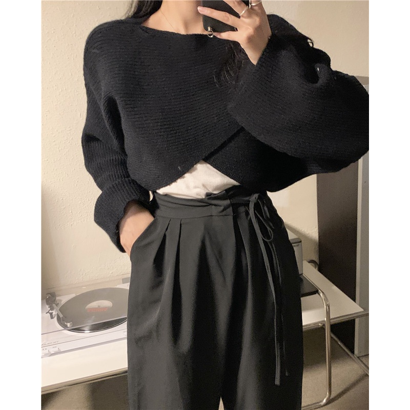 Porozi Áo sweater nữ dệt kim tay dài dáng ngắn thời trang phong cách Hàn Quốc
