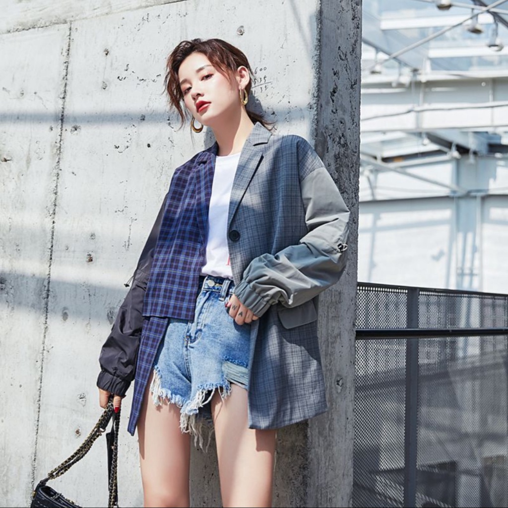 Áo khoác Blazer sọc Caro mix không cân xứng Unisex cho nam nữ thời trang độc đáo