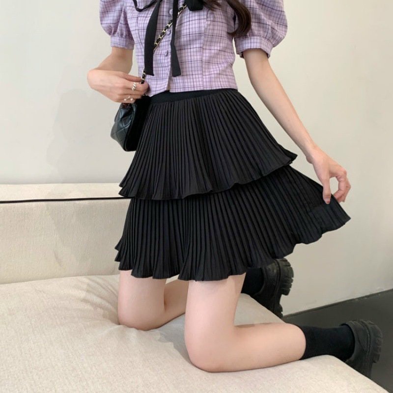 Chân váy nữ màu trắng, đen 2 tầng dập ly nhẹ dễ thương dễ phối đồ