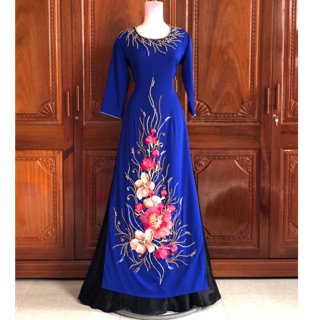 Áo dài xanh cô ban💥FREESHIP💥 Áo dài đính hoa lan dải tà