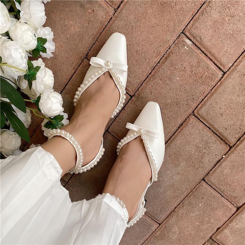 French Style Girl Bow Pearl Toe Box Shoes Women's Heel Chunky Heel Vintage Mary Jane Shoes2021Years of the New Sandals