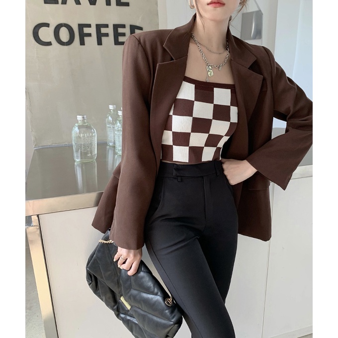 SUXI Áo Hai Dây Dệt Kim Ôm Dáng Kẻ Sọc Ca Rô Kiểu Retro Hàn Quốc