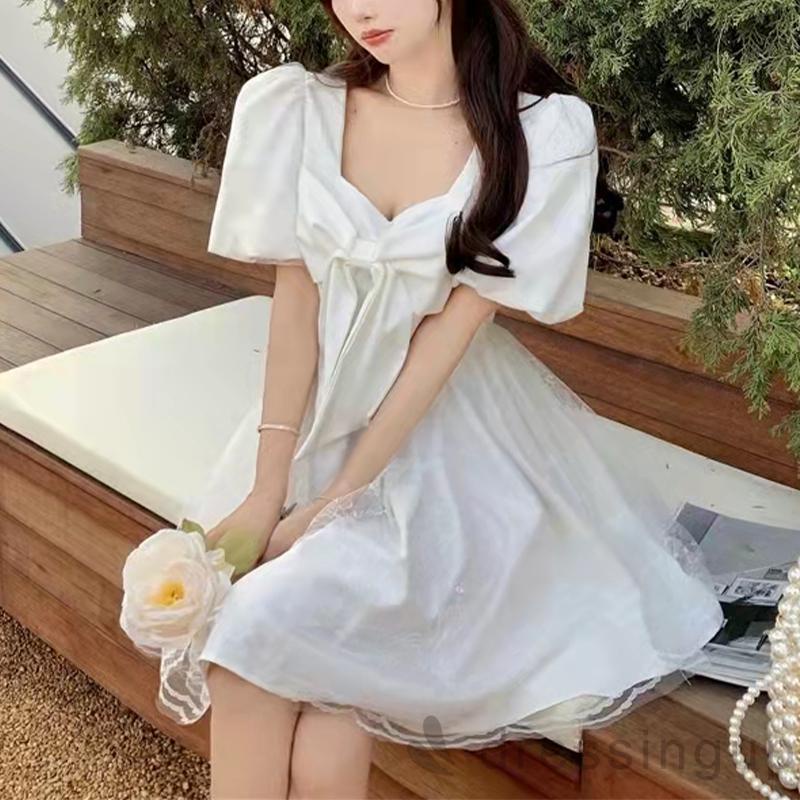 DRE-Ladies Casual Short Dress, Sweet Style Solid Color Square Collar Mesh Splicing Puff Short Sleeve Bow Dress