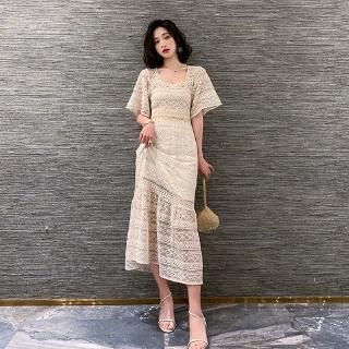Đầm Đuôi Cá Tay Ngắn Cổ Vuông Phối Ren Thời Trang Cho Nữ