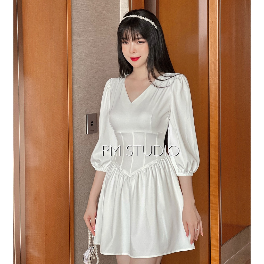 Váy cổ V táy bồng dễ mặc, đầm thiết kế tôn triệt dáng, v1 đẹp - v2 định hình bé tý tẹo- ai béo bụng cũng nên sắm nhớ