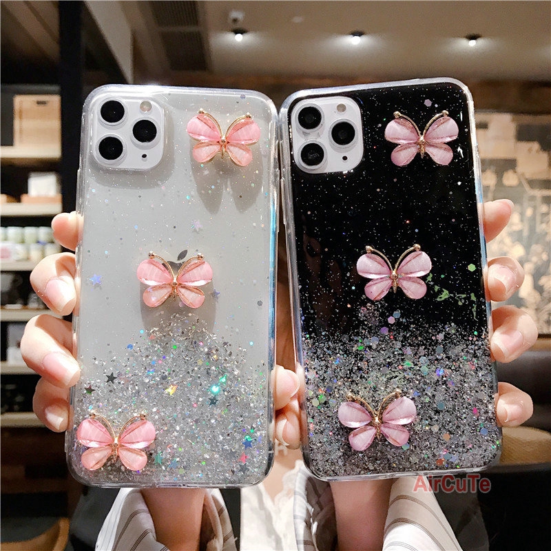 Samsung S8 S9 Plus Note 8 9 A6 Plus A8 A9 J8 2018 J4 J6 M10 M20 3D Butterfly Glitter Bling Soft Case Cover