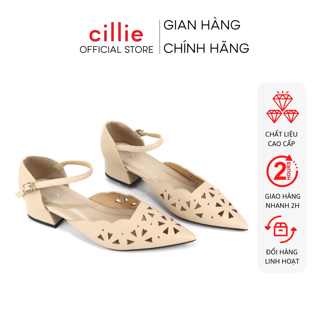 Giày sandal cao gót nữ mũi nhọn thời trang cắt laser độc đáo cao 3cm Cillie 1173