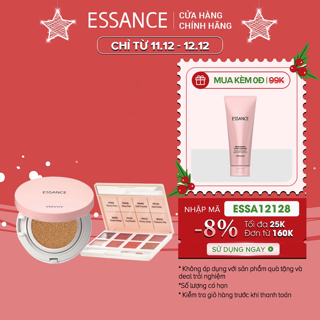 Phấn nước mịn lì mờ khuyết điểm Essance Veil Fit Cushion SPF50+ PA+++ 15g & Bảng son lỳ 8 màu Lip Rouge Velvet Palete 8g