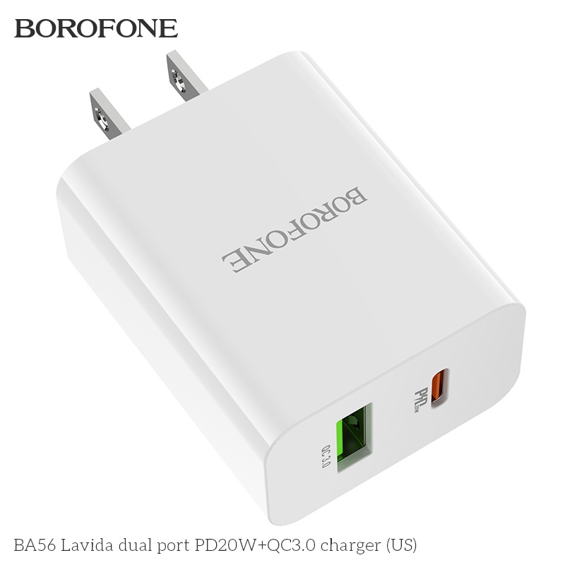Củ sạc iphone 20W Borofone BA56: Củ sạc nhanh 20W gồm 2 cổng sạc USB và TypeC - Chính hãng - Bảo hành 12 tháng