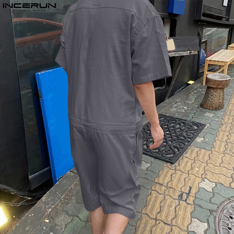 Áo liền quần INCERUN tay ngắn màu trơn phối hàng nút thời trang cho nam