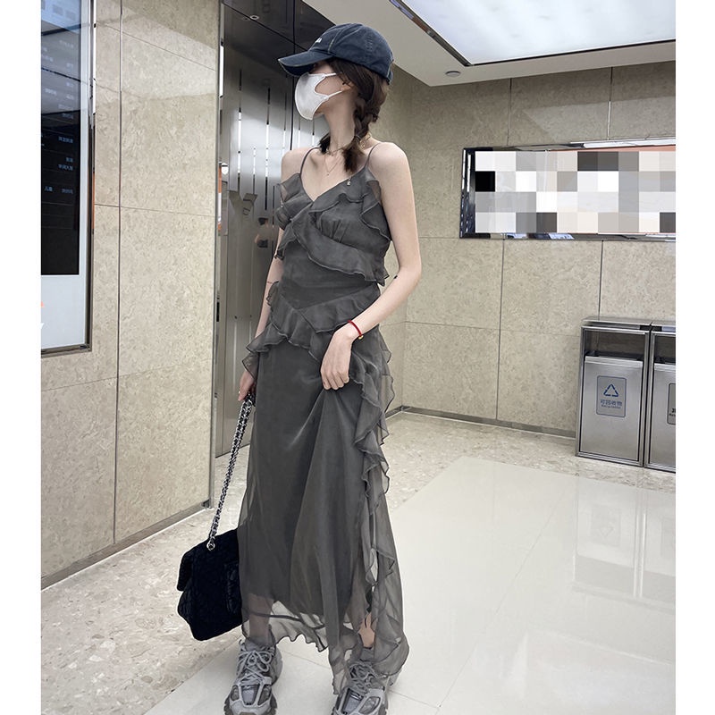 Jiashucheng Đầm Hai Dây Dáng Dài Tới Mắt Cá Chân Mỏng Ôm Eo Phong Cách Retro Màu Trơn Phong Cách Desire Cho Nữ