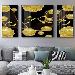 Siêu phẩm bộ ba tranh tráng gương cao cấp cá chép bên sen vàng