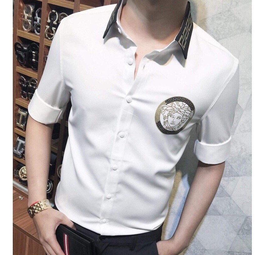 Áoso Mi Nam Trắng Họa Tiết Nỏ Vosac Áo Sơ Mi Nam Hàn Quốc Cao Cấp Thunsi