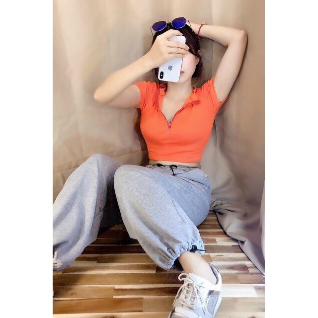 Áo Croptop Cổ Trụ Dây Kéo