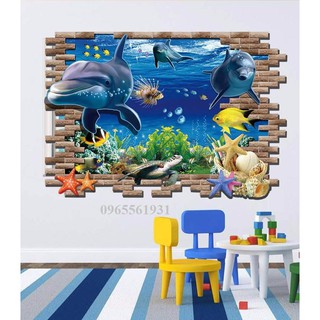Decal Dán Tường, Tranh Chi Tiết Sẵn Keo Bóc Dán Cửa Sổ Cá Heo AY9706