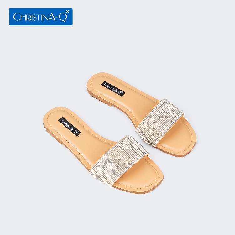 Dép Nữ Mũi Vuông Đính Hạt Quai Ngang ChristinA-Q DNU089