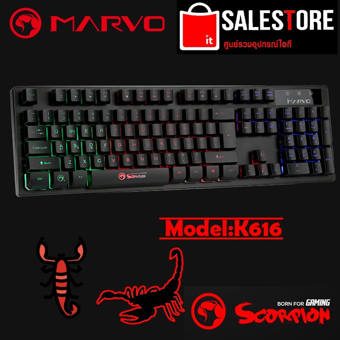 Bàn phím chơi game Marvo Scorpion K616 Bảng đèn đen cầu vồng có đèn kết nối HITECH chống nước