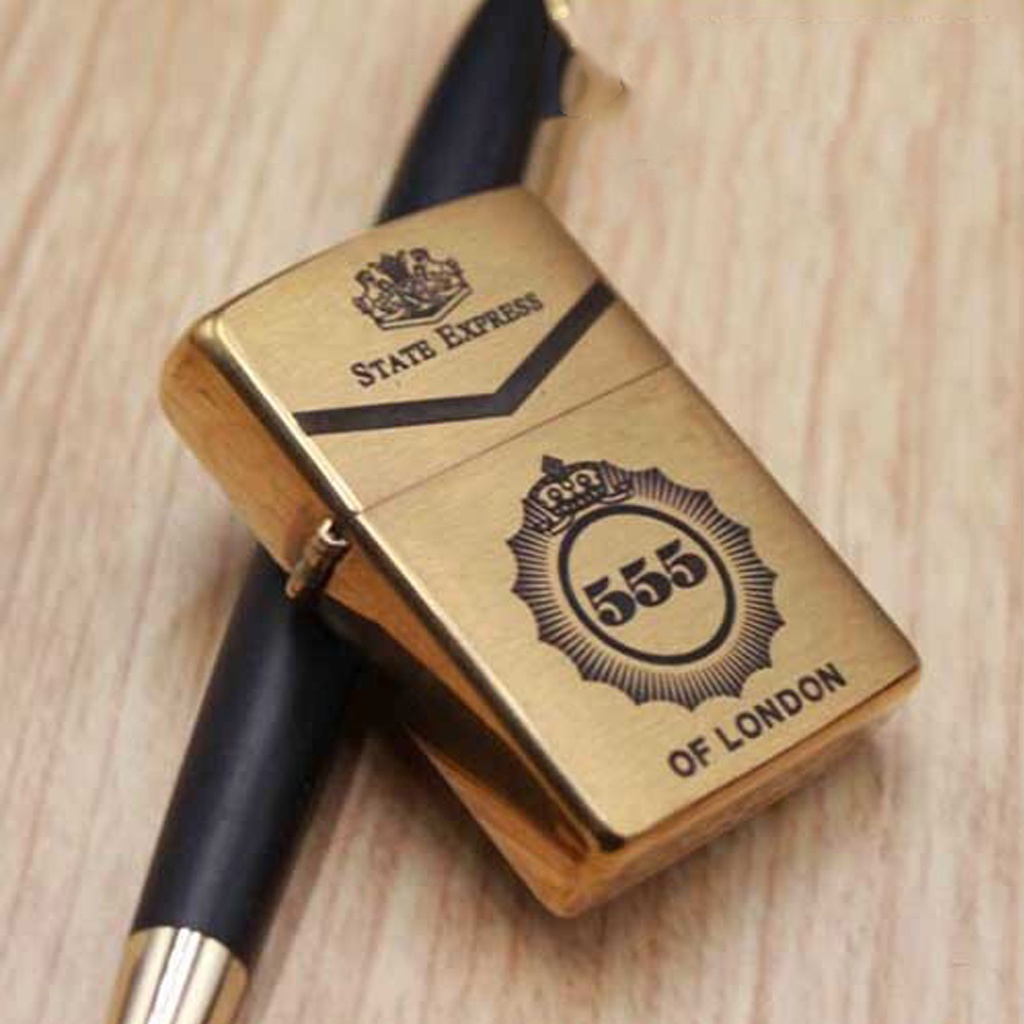Bật zippo gold, hộp quẹt vàng vỏ dày Khắc 555 High Polished Brass- KenZ