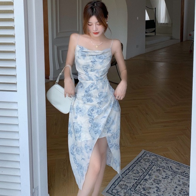 Đầm Hai Dây Một Mảnh Màu Xanh Dương Dáng Ôm Nhẹ Nhàng Thời Trang Cho Nữ
