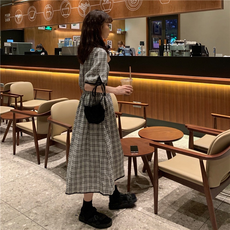 Đầm midi tay ngắn in sọc caro thời trang Hàn Quốc cho nữ