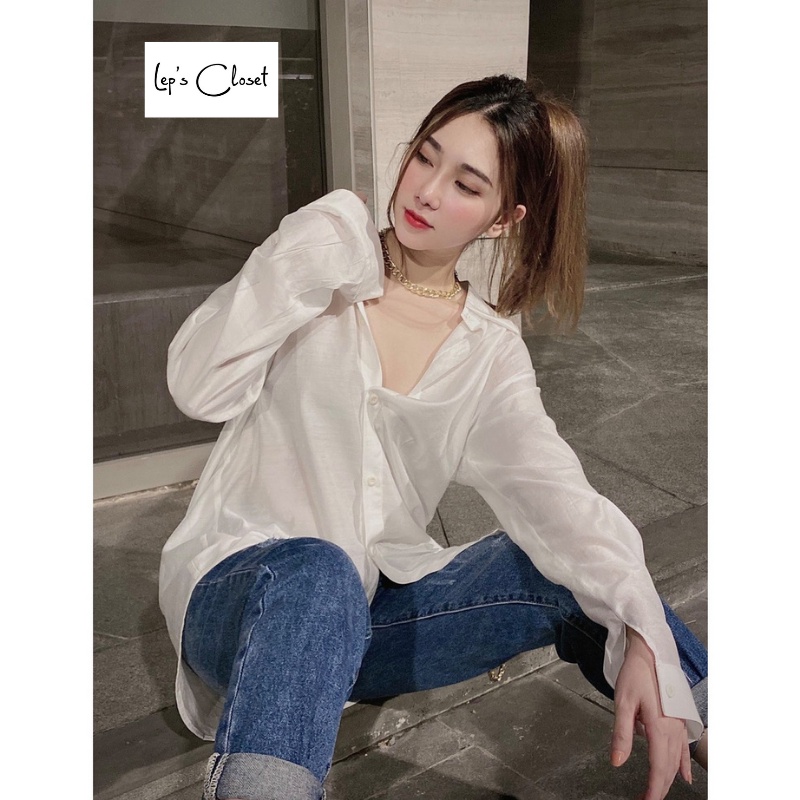Áo sơ mi nữ Lụa trắng basic cao cấp , áo sơ mi giấu quần , áo tay dài form rộng | BigBuy360 - bigbuy360.vn