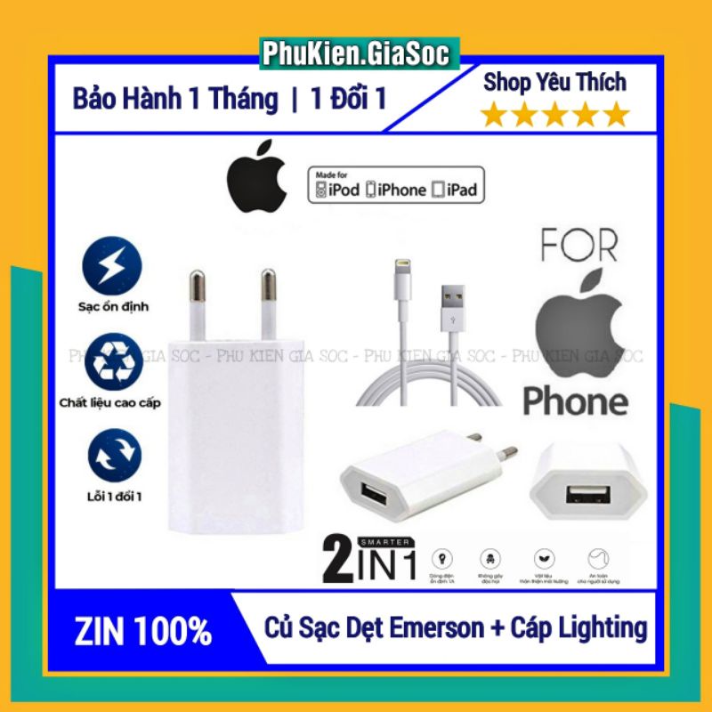 [COMBO] Củ Sạc Dẹt Emerson + Cáp Sạc Lightning Foxconn iPhone Chính Hãng | Loại Tốt Chất Lượng | Bảo Hành 1 Đổi 1