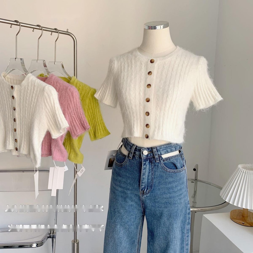 Áo cardigan Dệt Kim Tay Ngắn Mềm Mại Phong Cách Hàn Quốc Dành Cho Nữ