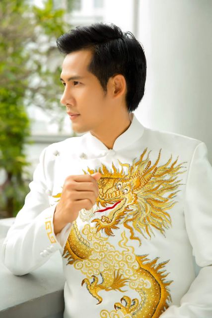 Áo dài cách tân nam vẽ tay/ thêu tay thiết kế 2 lớp, tay vest đứng form