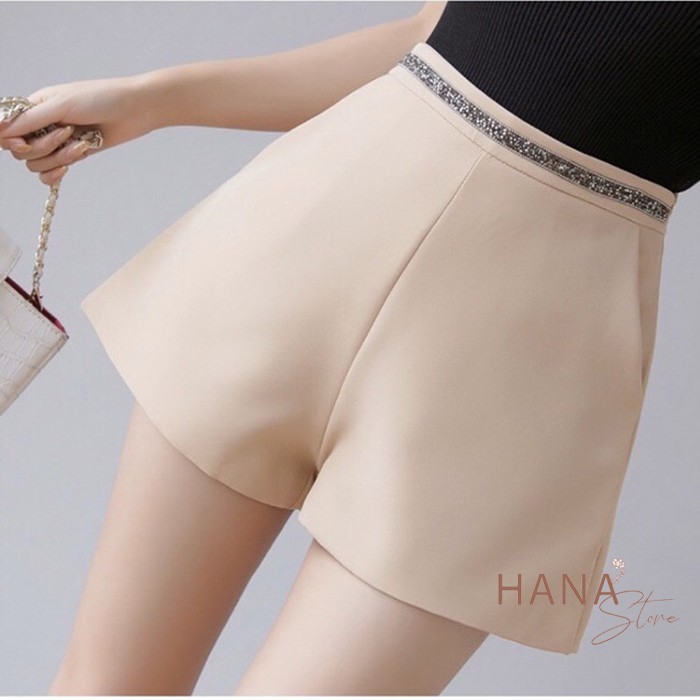 Quần short đùi nữ cá tính ngắn cạp lưng kim sa ôm mông vải màu Đen Trắng - Ống rộng vừa có túi - Mặc ở nhà đi biển làm