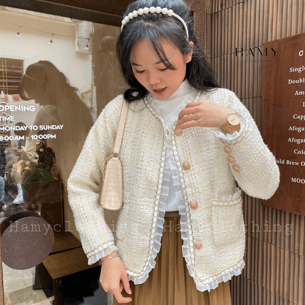 Áo khoác nữ Hamy A-30 dạ Tweed vải dệt dày tự nhiên màu kem viền ngọc đen | BigBuy360 - bigbuy360.vn