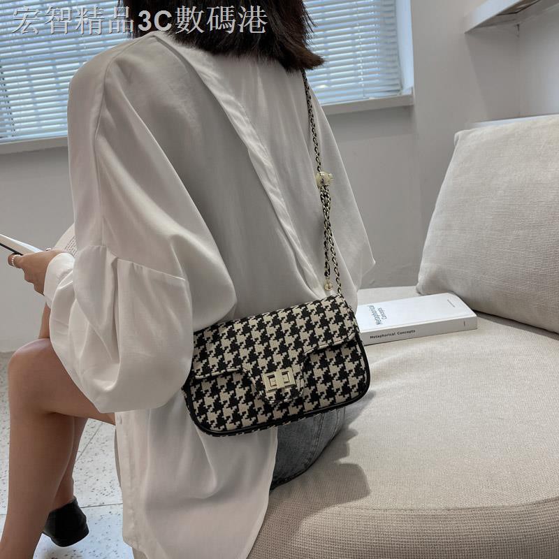 ☞♞Túi đeo chéo nhỏ họa tiết Houndstooth thời trang thu đông cho nữ 2021