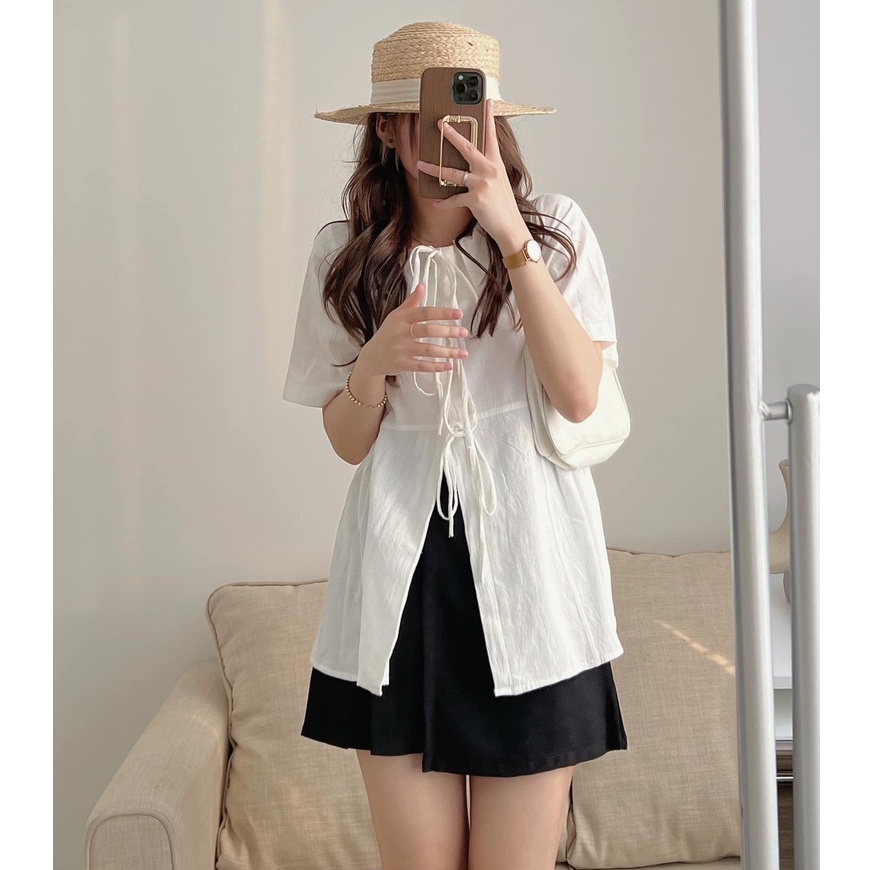 [Mã TOPS06 giảm đến 10k đơn 99k] Áo Sơ Mi Babydoll Phối Dây Nơ Tiểu Thư 2 Màu Trắng Be, Labibi | BigBuy360 - bigbuy360.vn