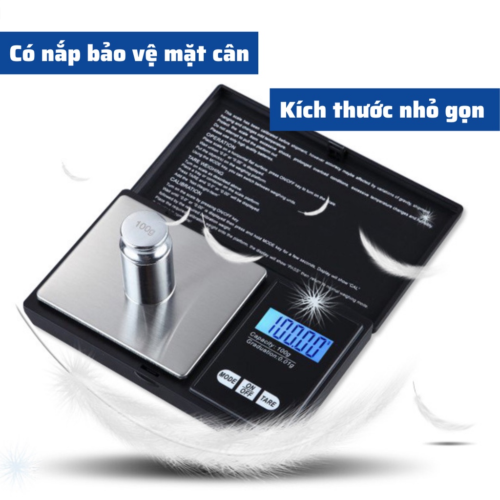 Cân điện tử nhà bếp mini Có Nắp định lượng 0.01g-200g làm bánh độ chính xác cao cao cấp kèm 2 viên pin AA