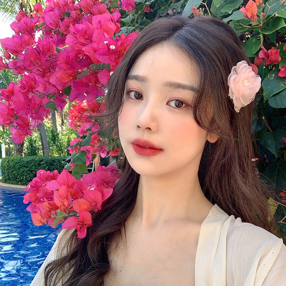 NICKOLAS Kẹp Tóc Hình Hoa Trà Phối Ren Xinh Xắn Thời Trang Cho Bé Gái