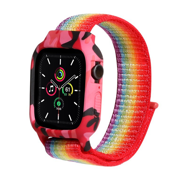 【Dây đeo + Vỏ】 Dây đeo Apple Watch Ngụy trang 38/40mm 42/44mm Vòng nylon dệt mềm mại thoáng khí với Vỏ silicon cho iWatch Series SE 6/5/4/3/2/1