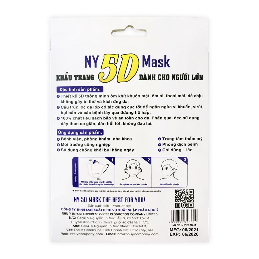 HỘP 10 CÁI KHẨU TRANG 5D CHO NGƯỜI LỚN NY 5D Mask Ngăn Bụi Kháng khuẩn Chống nắng Bảo vệ sức khỏe Sản xuất từ Cty Như Ý