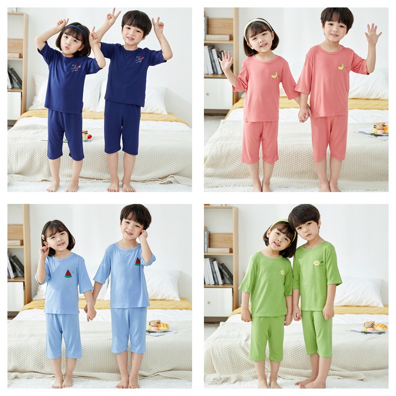 Bộ Đồ Ngủ 2 Món Ngắn Tay Màu Trơn Thoải Mái Cho Bé Trai Và Bé Gái