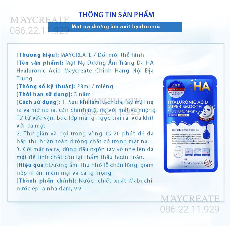 Mặt Nạ Dưỡng Ẩm Dưỡng Trắng Da HA Maycreate Mask Ha 1 miếng Hàng Nội Địa Trung | BigBuy360 - bigbuy360.vn