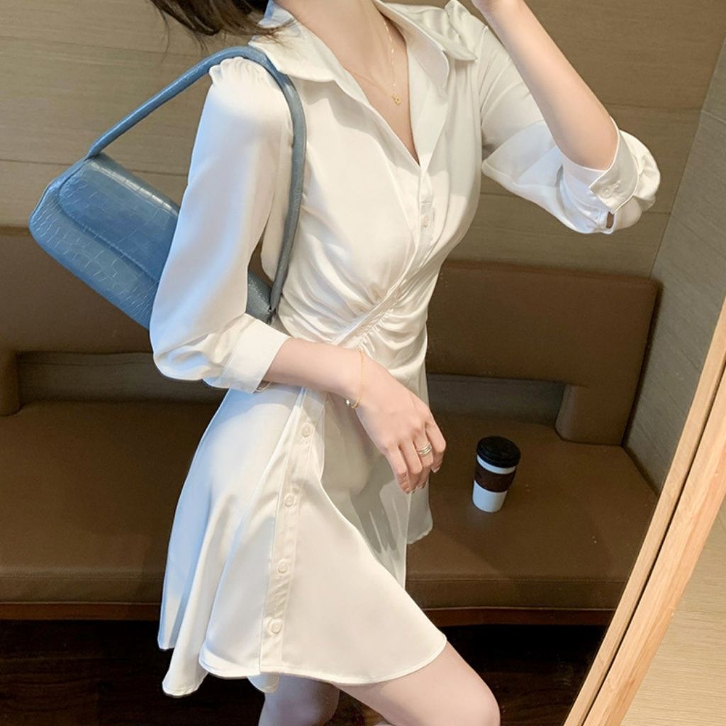 Váy Trắng , Đầm Dự Tiệc Sơ Mi Nhún Eo , Dáng Ngắn , Ôm Body Vải Lụa Cao Cấp Phong Cách Hàn Quốc