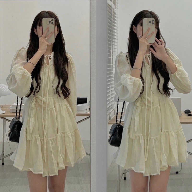 Váy tơ babydoll kèm dây đai tay bo thắt nơ cổ chuzme