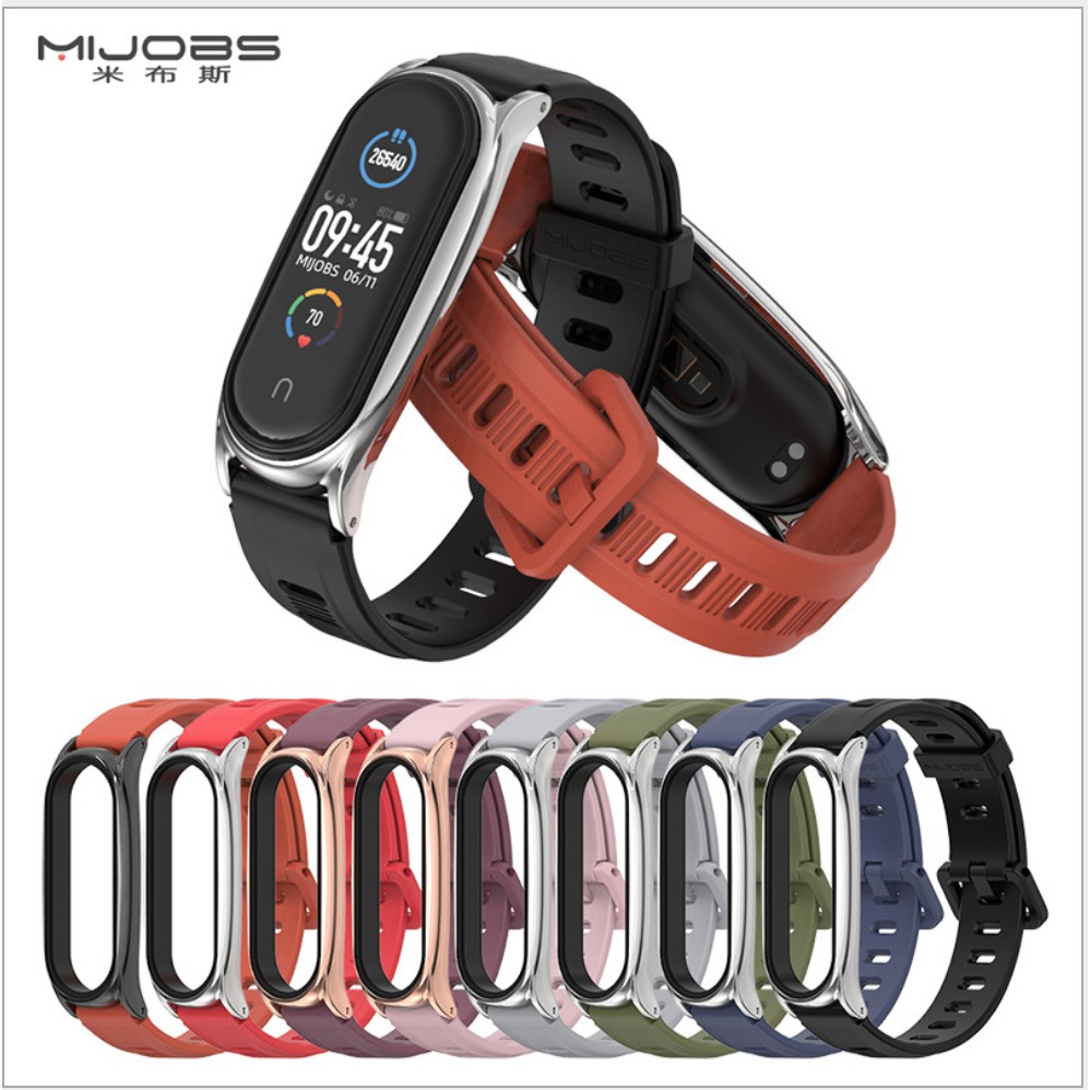 (Sẵn VN) Dây Thể Thao Mijobs cao su viền kim loại Mi band 5 / Dây cá tính cho Miband 5 / Mi band 3,4 có thể dùng chung