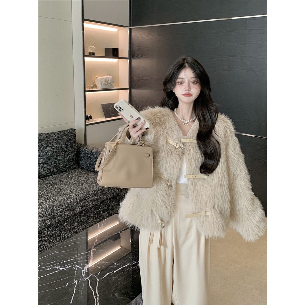 Áo khoác lông giả dáng rộng dài tay thời trang mùa đông dành cho nữ
