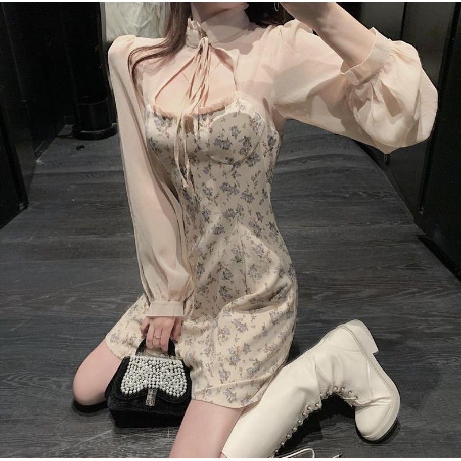 Đầm Chiffon Tay Bồng Dài Họa Tiết Hoa Phong Cách Cổ Điển Cho Nữ