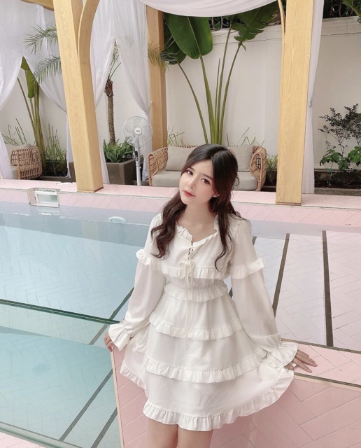 Đầm babydoll tay dài phối bèo trắng tiểu thư công chúa nhẹ nhàng