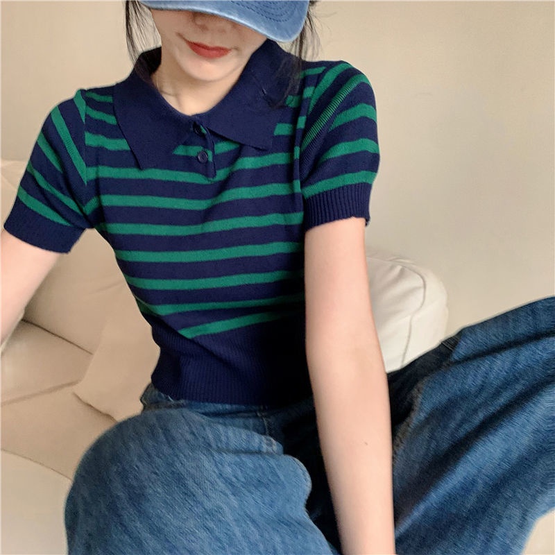 Áo Thun Dệt Kim Ngắn Tay Họa Tiết Kẻ Sọc Thời Trang Phương Tây Mới 2022 Cho Nữ