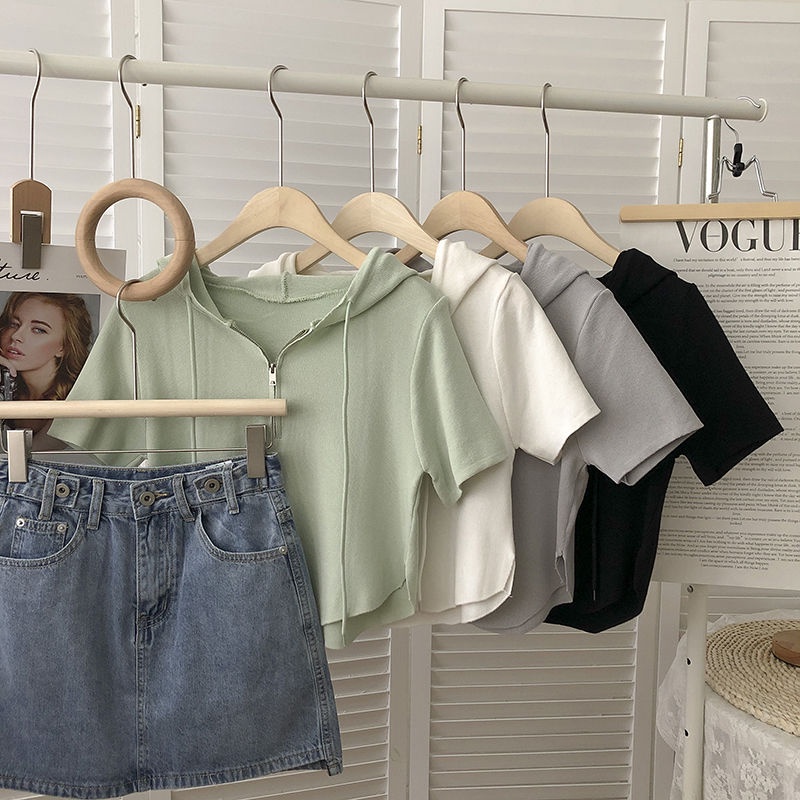 Áo Dệt Kim Tay Ngắn Có Mũ Trùm Thời Trang Mùa Hè Phong Cách Hàn Quốc Cho Nữ