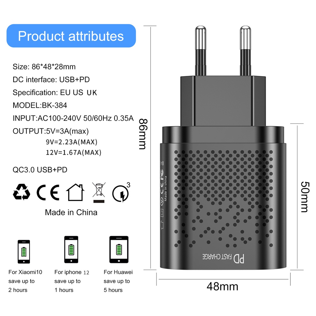 Củ sạc nhanh PD 20W/QC3.0 Cho Iphone, Samsung, Xiaomi, Vivo, Realme, Vsmart/ Huawei/ Oppo/Nokia cổng kép USB-A + Type-c